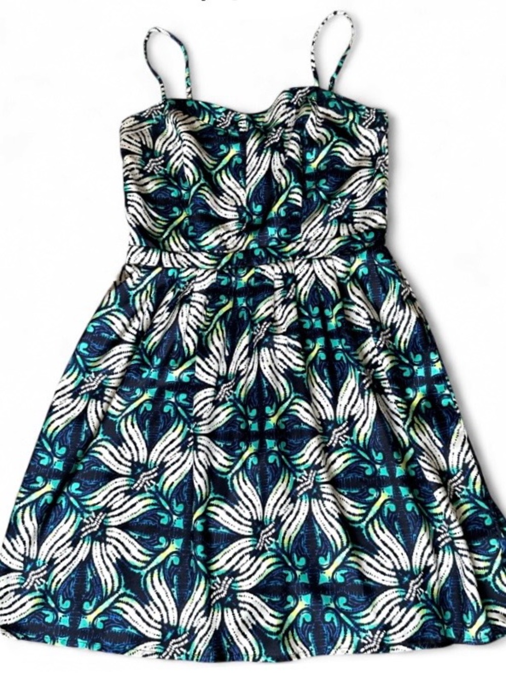 GAP Floral Sweetheart Neck Fit & Flare Mini Dress Blue Teal Boho Summer Size 4